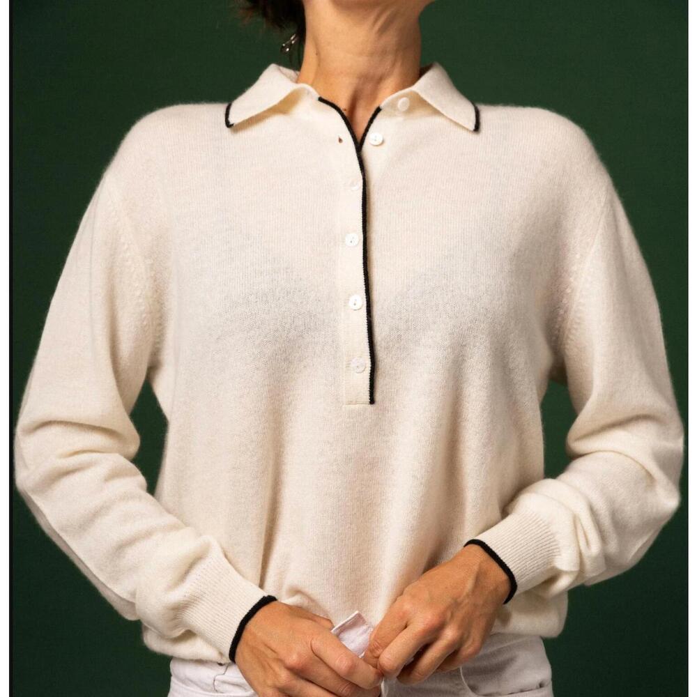 NEW STONE cashmere polo sweater in white/black